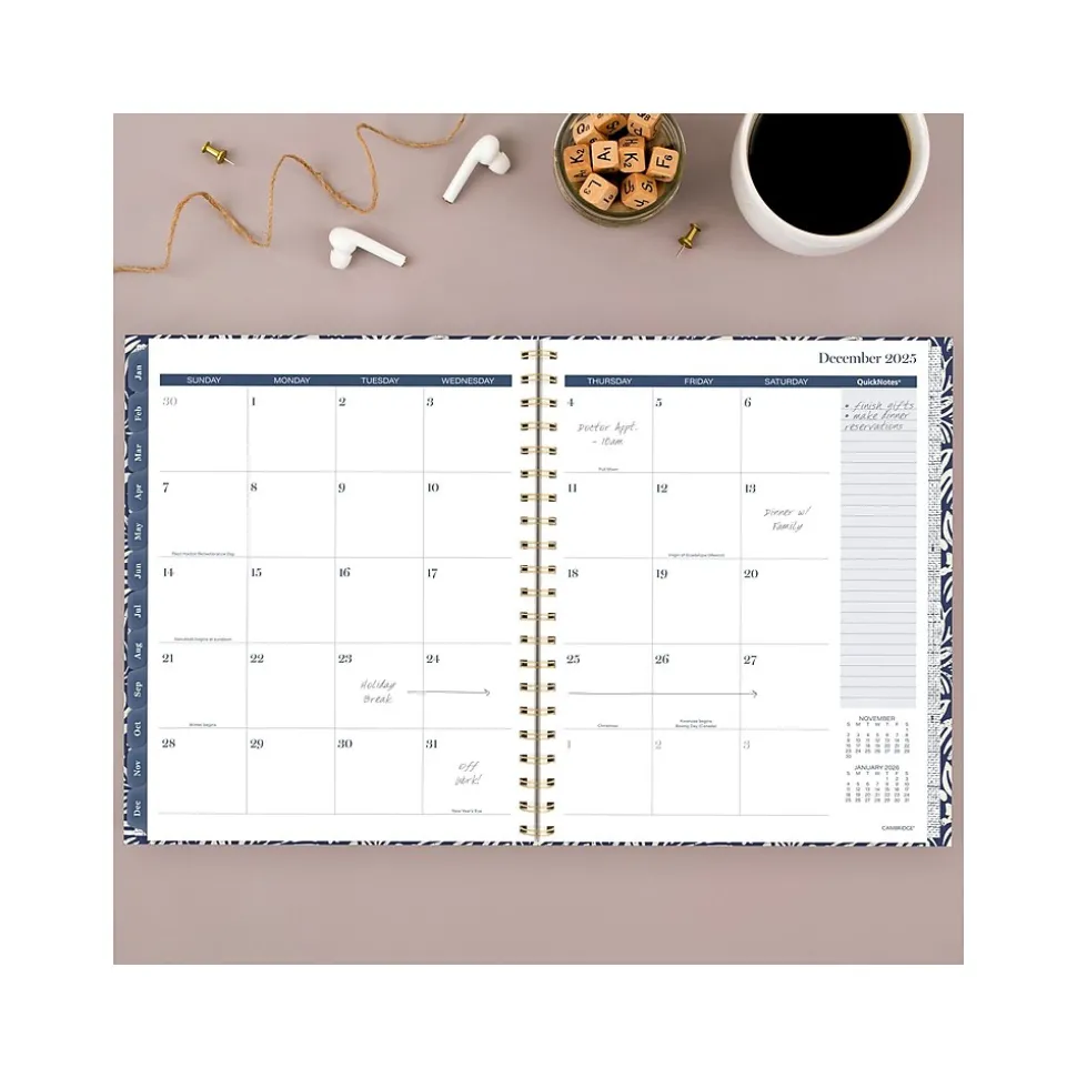 2025 Cambridge Blockprint 8.5" x 11" Weekly & Monthly Planner, Cotton Cover, Blue/White (1724-905-25)