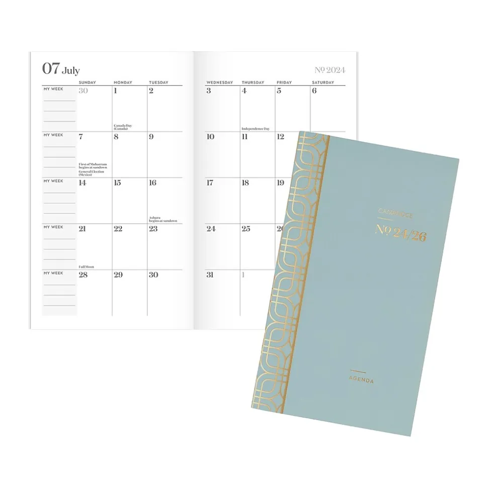 2024-2026 Cambridge WorkStyle Mellow Frost 3.5" x 6.25" Academic Monthly Planner, Paper Cover, Teal/Gold (1606-021A-46-25)