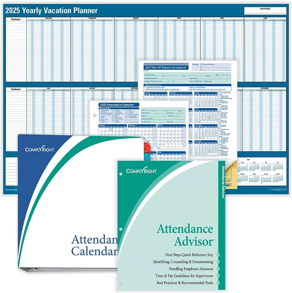 2025 ComplyRight Attendance Tracker 36" x 24" Yearly Dry Erase Wall Calendar, Blue/White (A0101)