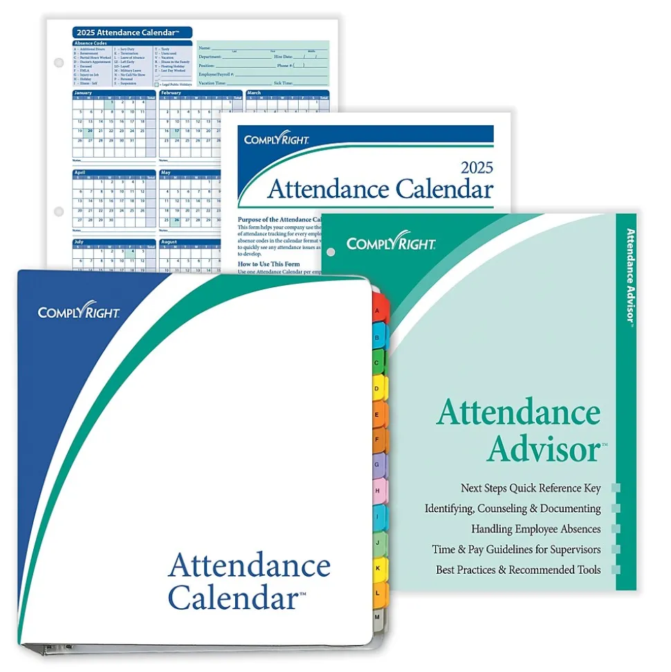2025 ComplyRight Attendance Tracker 36" x 24" Yearly Dry Erase Wall Calendar, Blue/White (A0101)