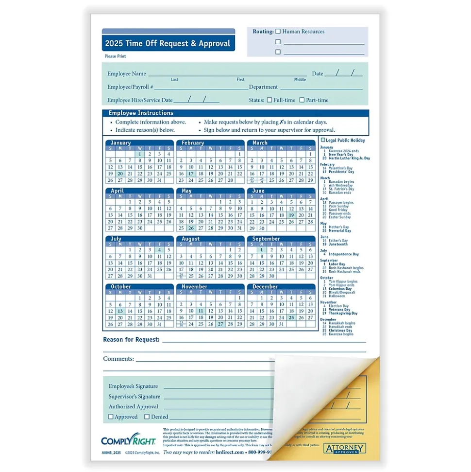 2025 ComplyRight Attendance Tracker 36" x 24" Yearly Dry Erase Wall Calendar, Blue/White (A0101)