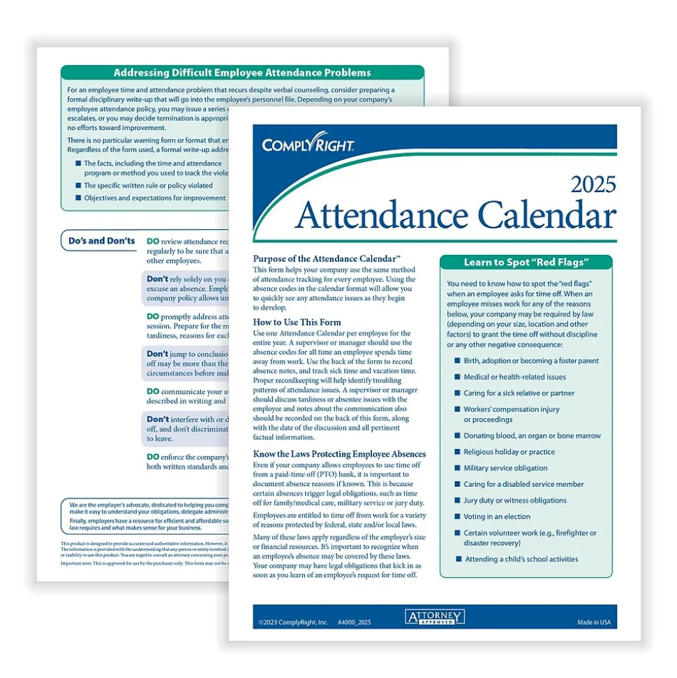2025 ComplyRight Attendance Tracker 36" x 24" Yearly Dry Erase Wall Calendar, Blue/White (A0101)