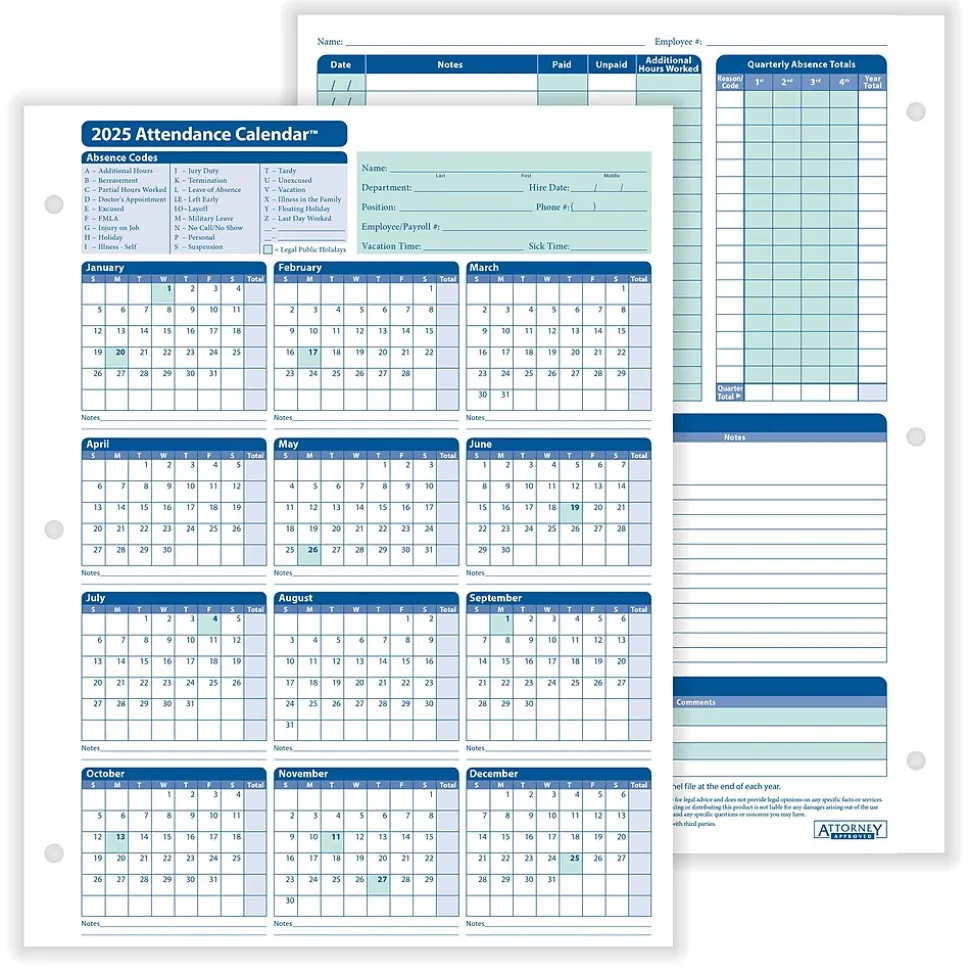 2025 ComplyRight Attendance Tracker 36" x 24" Yearly Dry Erase Wall Calendar, Blue/White (A0101)