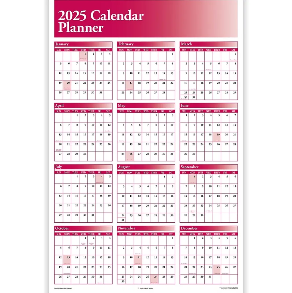 2025 ComplyRight Full Calendar Planner 36" x 24" Yearly Dry Erase Wall Calendar, Burgundy (J0056BU)
