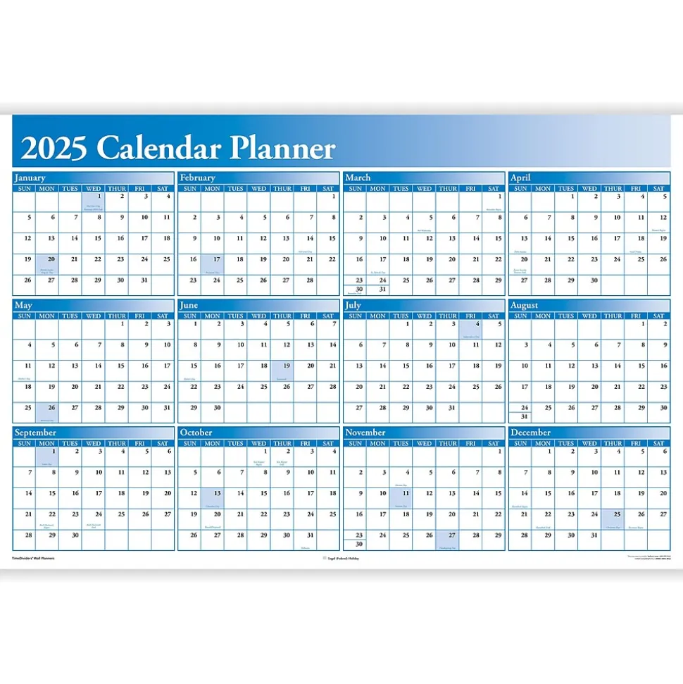 2025 ComplyRight Full Calendar Planner 36" x 24" Yearly Dry Erase Wall Calendar, Blue (J0056BL)