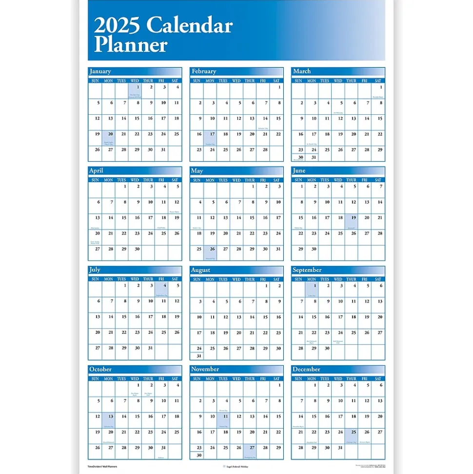 2025 ComplyRight Full Calendar Planner 36" x 24" Yearly Dry Erase Wall Calendar, Blue (J0056BL)