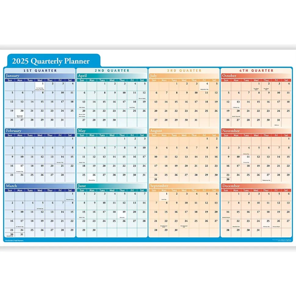 2025 ComplyRight Quarterly Planner 36" x 24" Yearly Dry Erase Wall Calendar, Red/Blue/Orange (J0061)