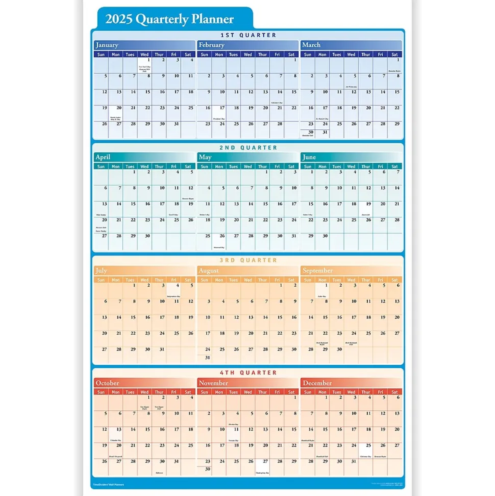 2025 ComplyRight Quarterly Planner 36" x 24" Yearly Dry Erase Wall Calendar, Red/Blue/Orange (J0061)