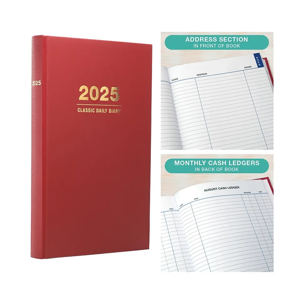 2025 Global Printed Products 8" x 12.5" Daily Planner, Cardboard Cover, Red (SPLS-SDCY25-RD)