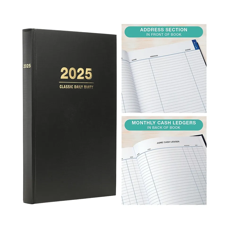 2025 Global Printed Products 8" x 12.5" Daily Planner, Cardboard Cover, Black (SPLS-SDCY25-BK)