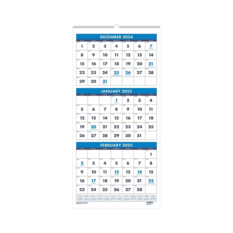 2025 House of Doolittle 8" x 17" Three-Month Wall Calendar, White/Blue (3646-25)