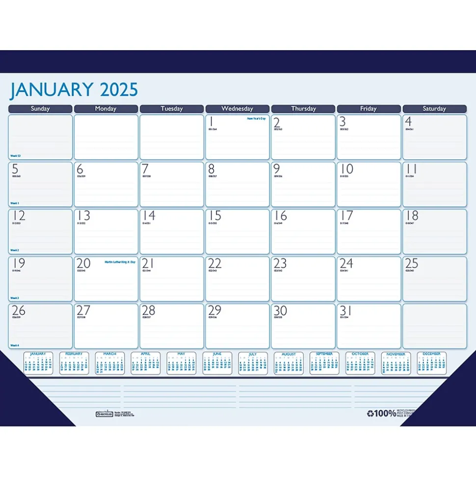 2025 House of Doolittle Contempo 22" x 17" Monthly Desk Pad Calendar, Blue/White (151-25)