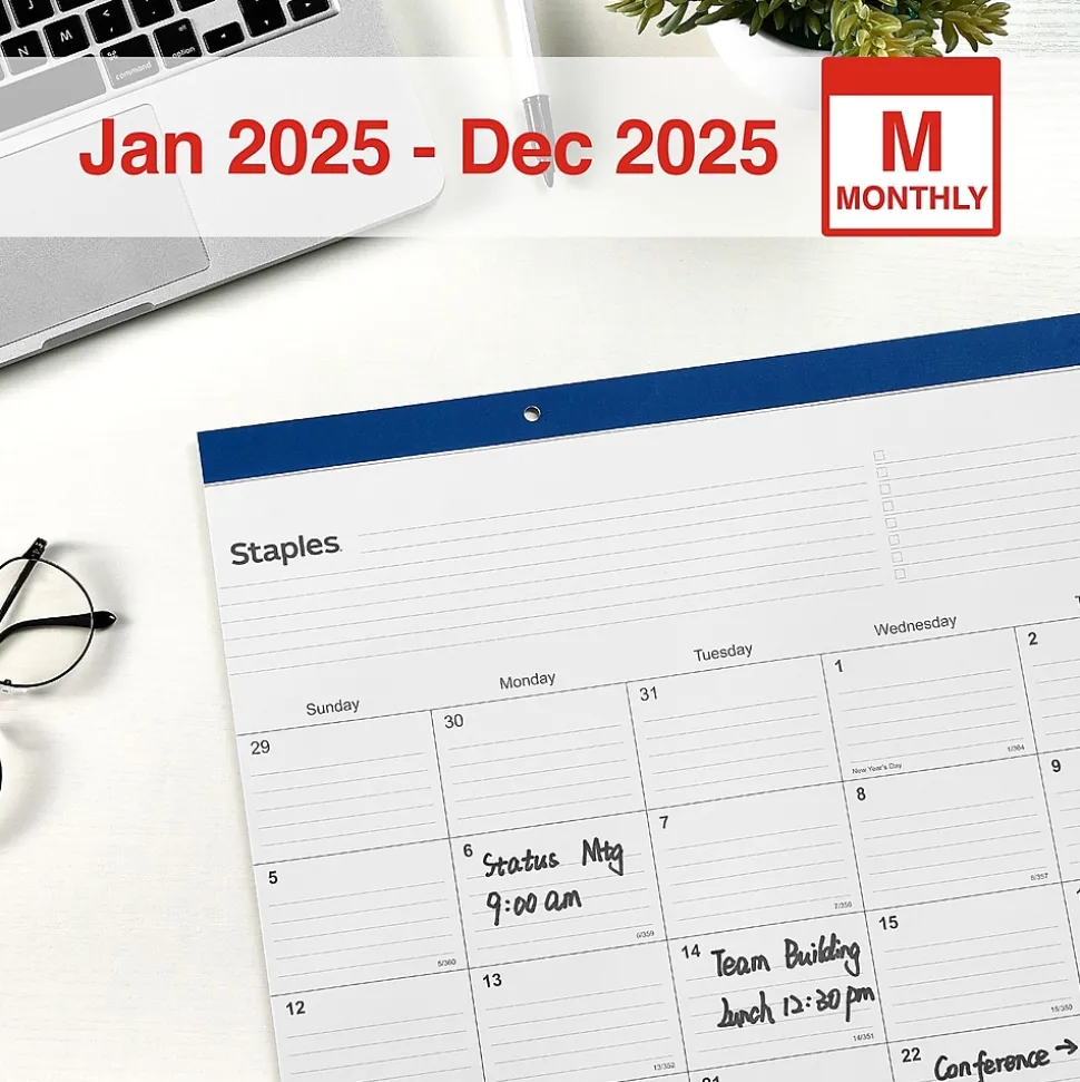 2025 Staples 22" x 17" Desk Pad Calendar, Navy (ST59700-25)