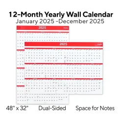 2025 Staples 48" x 32" Dry Erase Wall Calendar, Red/White (ST53911-25)