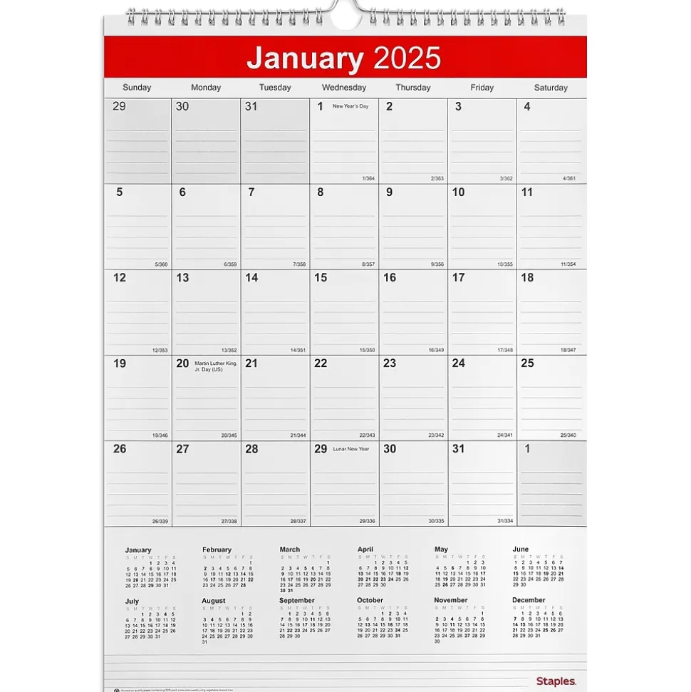 2025 Staples 12" x 17" Wall Calendar, White/Red (ST53913-25)
