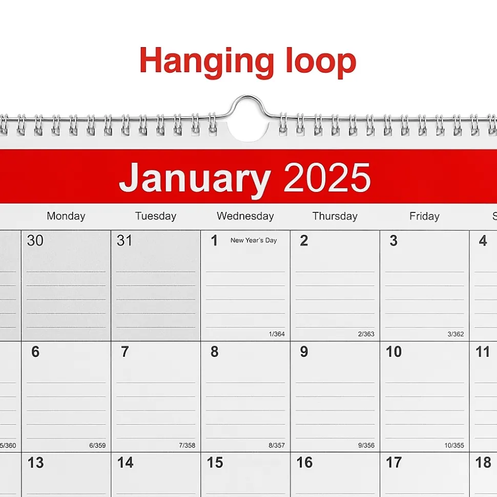 2025 Staples 12" x 17" Wall Calendar, White/Red (ST53913-25)