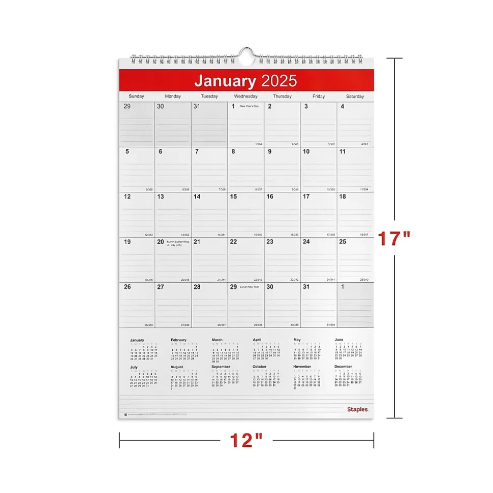 2025 Staples 12" x 17" Wall Calendar, White/Red (ST53913-25)