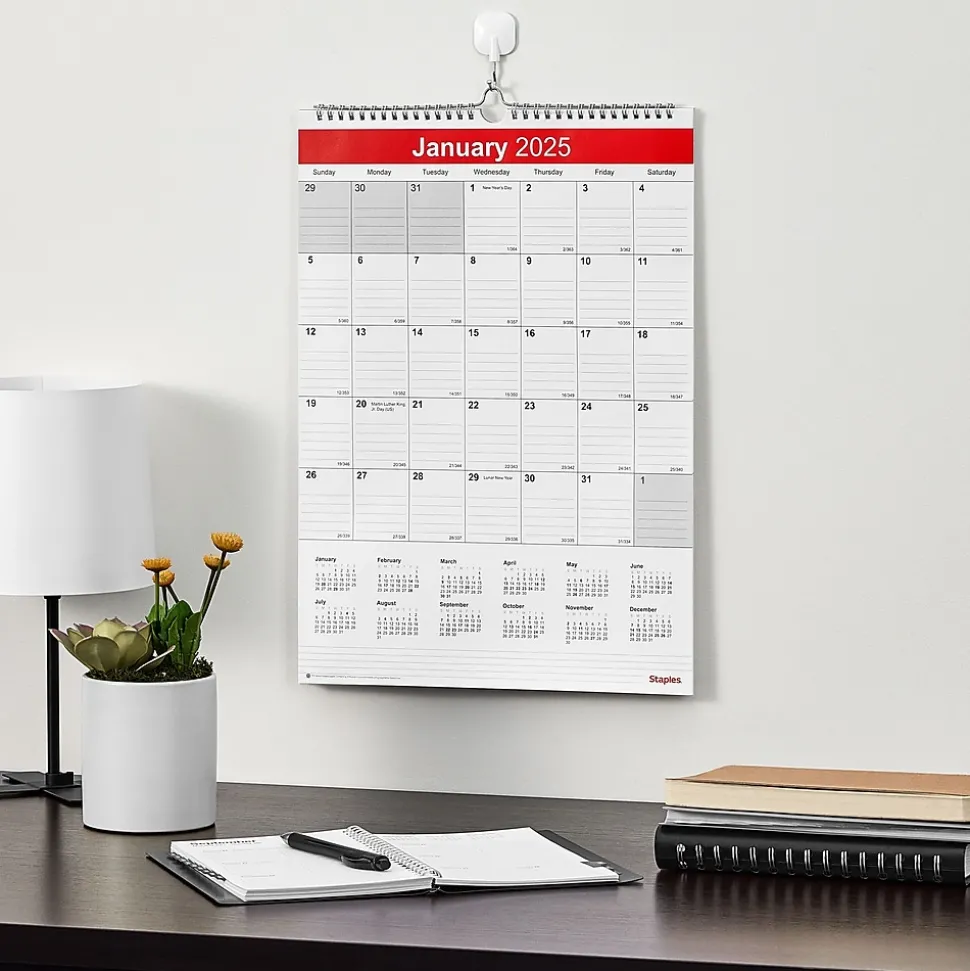 2025 Staples 12" x 17" Wall Calendar, White/Red (ST53913-25)
