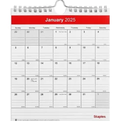2025 Staples 6" x 7" Wall Calendar, Red/White (ST53923-25)
