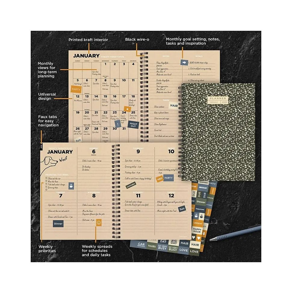 2025 TF Publishing 6.5" x 8" Weekly & Monthly Planner, Paperboard Cover, Black/Beige (25-9202)
