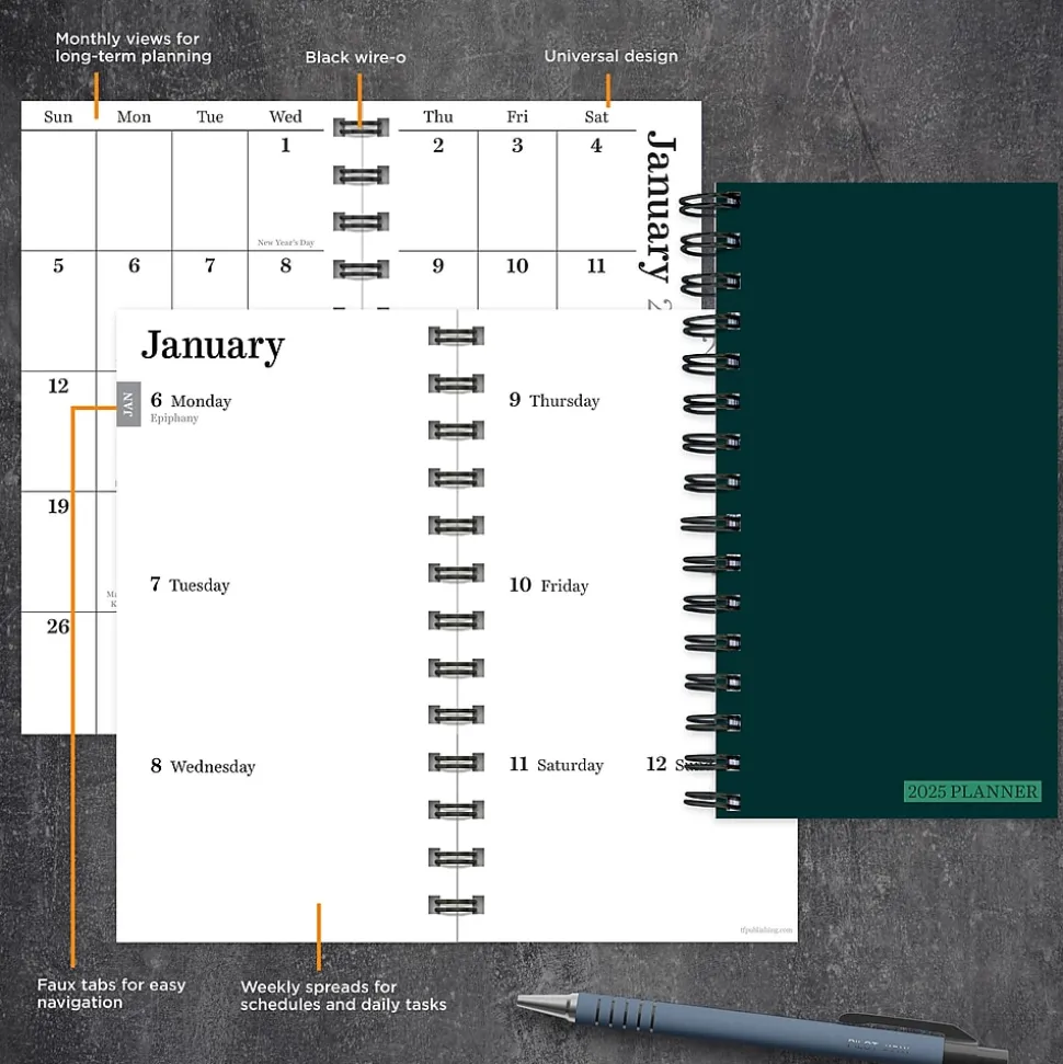 2025 TF Publishing 3.5" x 6.5" Weekly & Monthly Planner, Paperboard Cover, Deep Jade (25-7500)