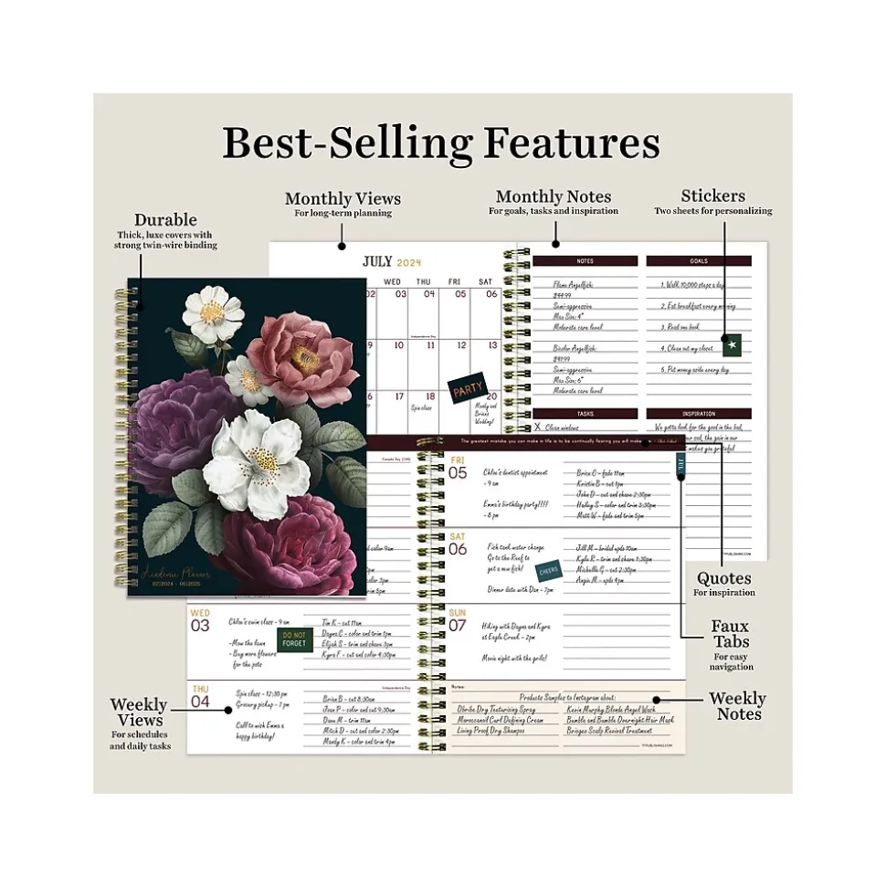 2024-2025 TF Publishing Bibliophile Series Peony and Petals 6" x 8" Academic Weekly & Monthly Planner, Paperboard Cover