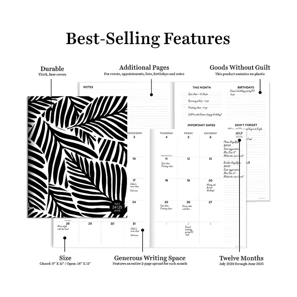 2024-2025 TF Publishing Black Leaves 9" x 11" Academic Monthly Planner, Paperboard Cover, Black/White (AY25-4500)