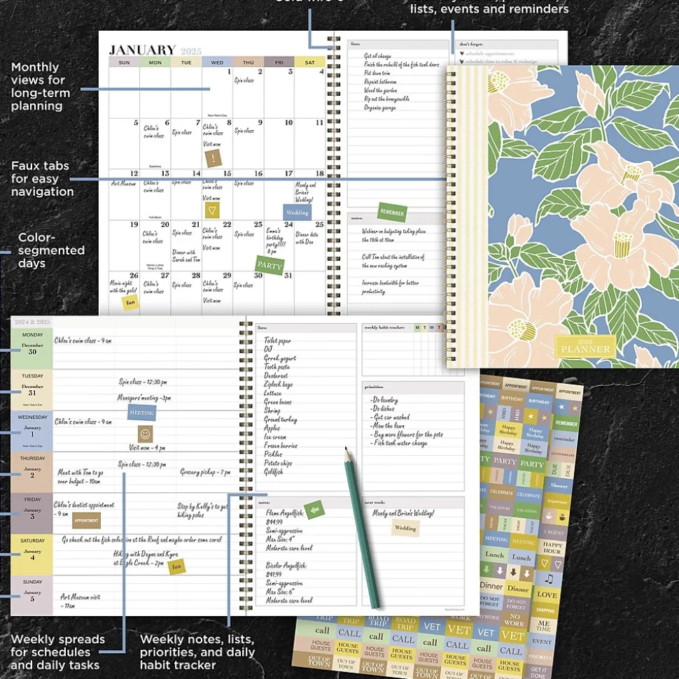 2025 TF Publishing Gardenia 9" x 11" Weekly & Monthly Planner, Paperboard Cover, Multicolored (25-9708)
