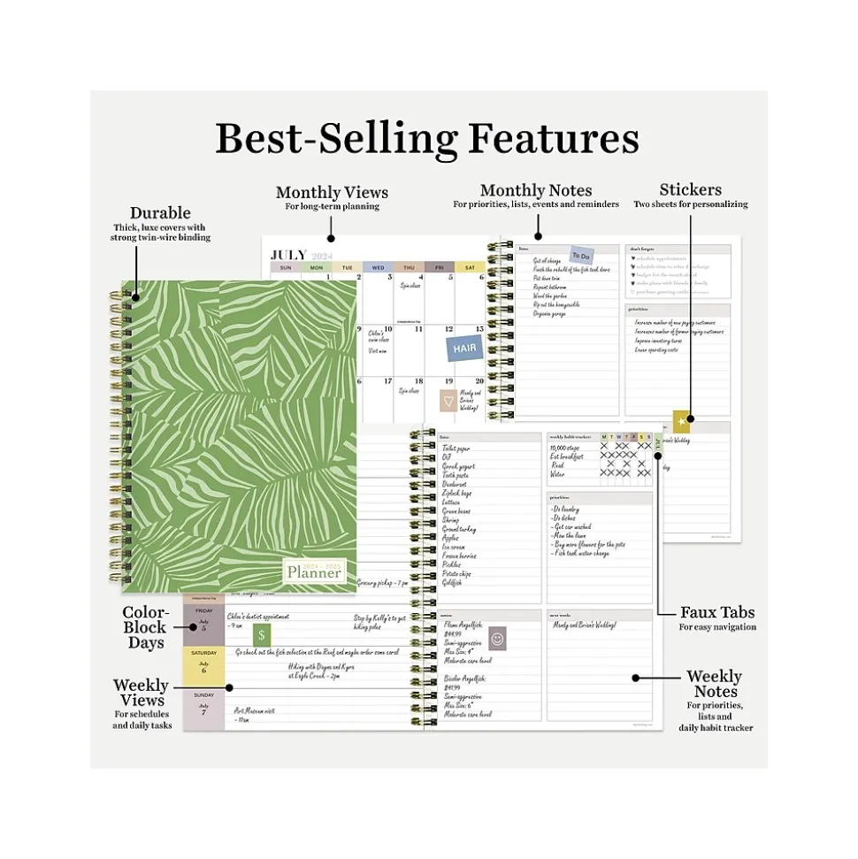 2024-2025 TF Publishing White Lotus Verde Fronds 6" x 8" Academic Weekly & Monthly Planner, Paperboard Cover (AY25-9210)