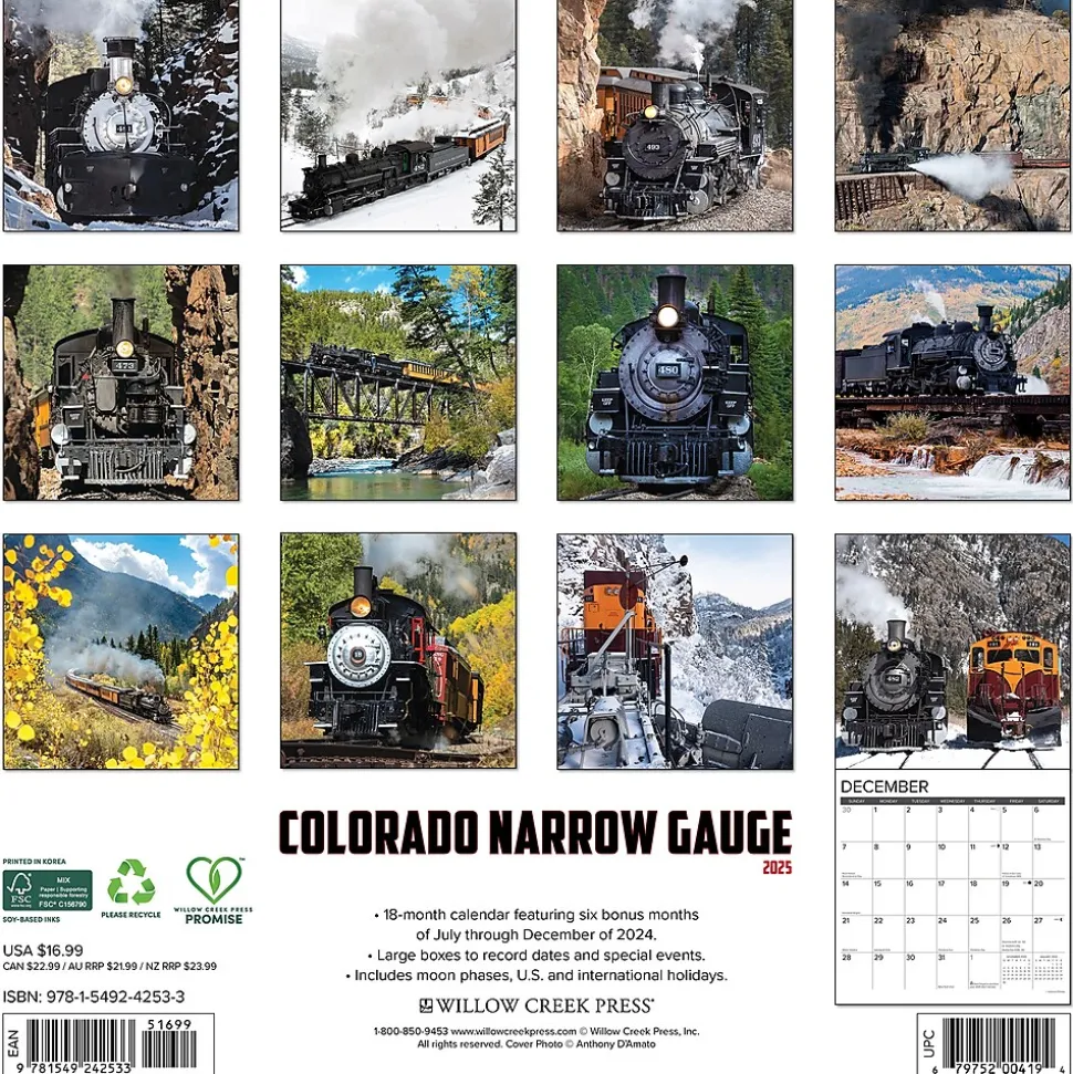 2025 Willow Creek Colorado Narrow Gauge Railroads 12" x 12" Monthly Wall Calendar (42533)