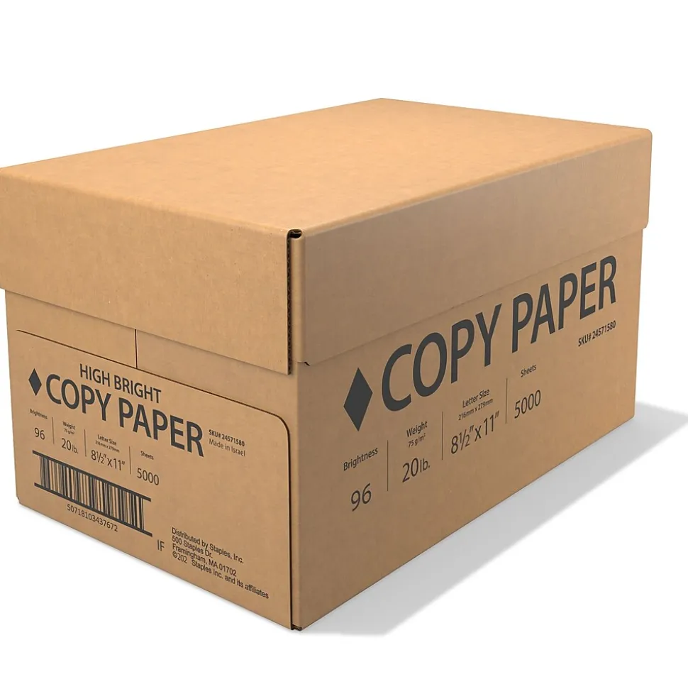 8.5" x 11" Copy Paper, 20 lbs., White, 5000 Sheets/Carton (61980CT)