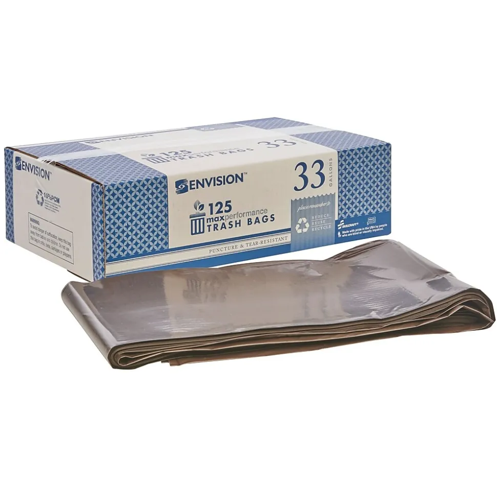 AbilityOne 33 Gallon Industrial Trash Bag, 33" x 39", Low Density, 1.22 mil, Dark Brown, 125 Bags/Box (8105011839769)