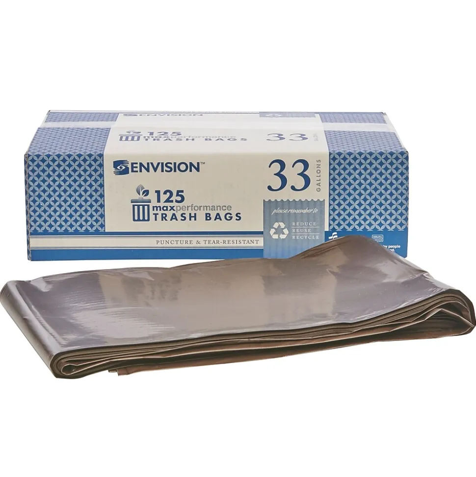 AbilityOne 33 Gallon Industrial Trash Bag, 33" x 39", Low Density, 1.22 mil, Dark Brown, 125 Bags/Box (8105011839769)