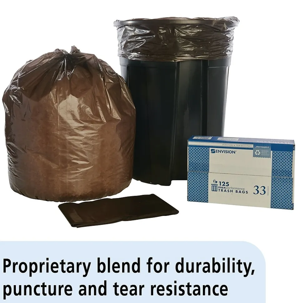 AbilityOne 33 Gallon Industrial Trash Bag, 33" x 39", Low Density, 1.22 mil, Dark Brown, 125 Bags/Box (8105011839769)