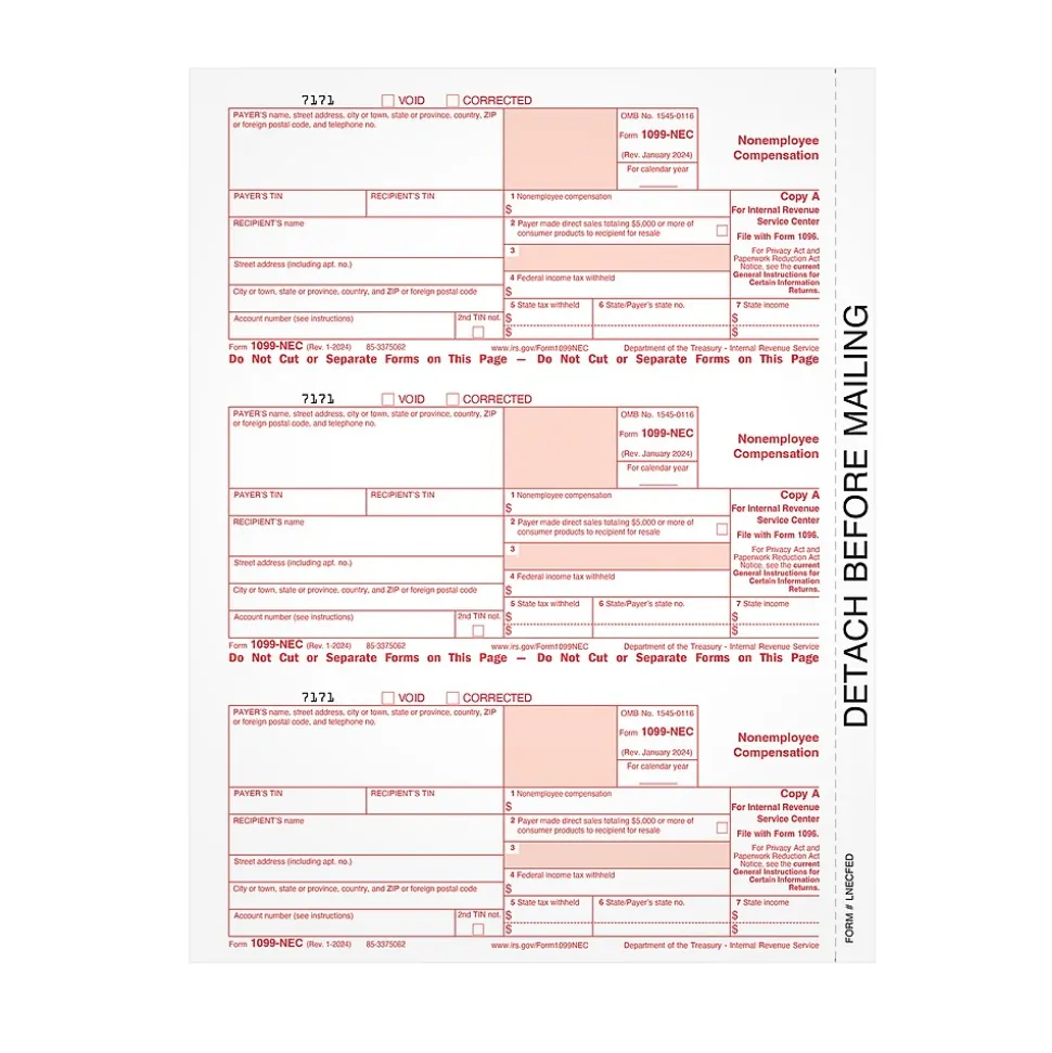 Adams 2024 1099-NEC Copy A Laser/Inkjet Tax Forms, 50 Sheets/Pack (LNECFED16)