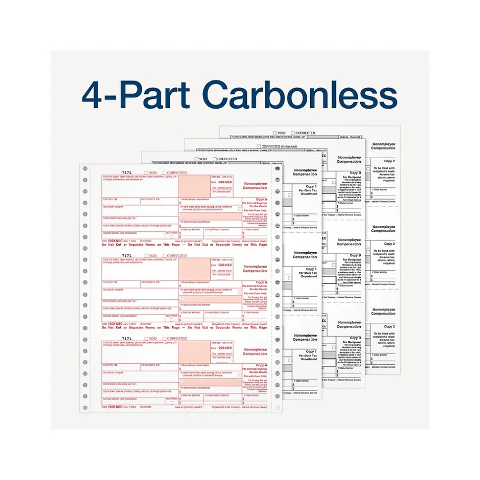 Adams 2024 1099-NEC Tax Form, 4-Part, 3-Up, Copy A, 1, B, 2, 24/Pack (STAX524NEC-24)