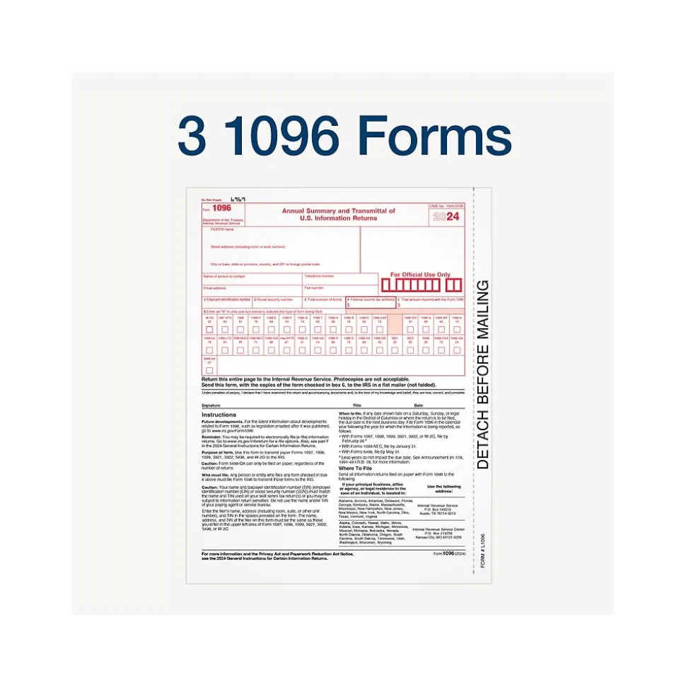 Adams 2024 1099-NEC Tax Form, 4-Part, 3-Up, Copy A, 1, B, 2, 24/Pack (STAX524NEC-24)