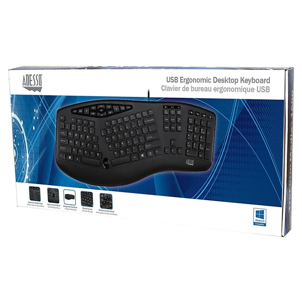 Adesso Tru-Form Media Ergonomic Keyboard, Black (AKB-160UB)