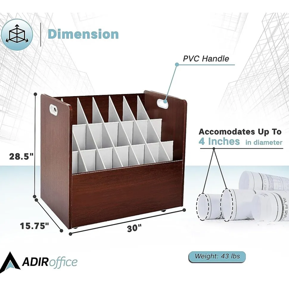 AdirOffice 21-Slot Mobile Roll File, 28.5"H x 30"W x 15.75"D, Mahogany, 2/Pack (625-MA-2PK)