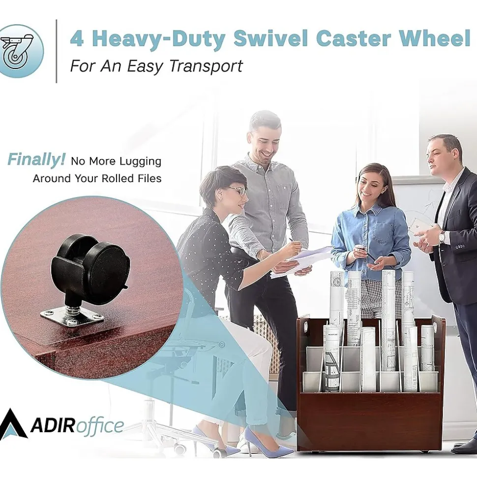 AdirOffice 21-Slot Mobile Roll File, 28.5"H x 30"W x 15.75"D, Mahogany, 2/Pack (625-MA-2PK)