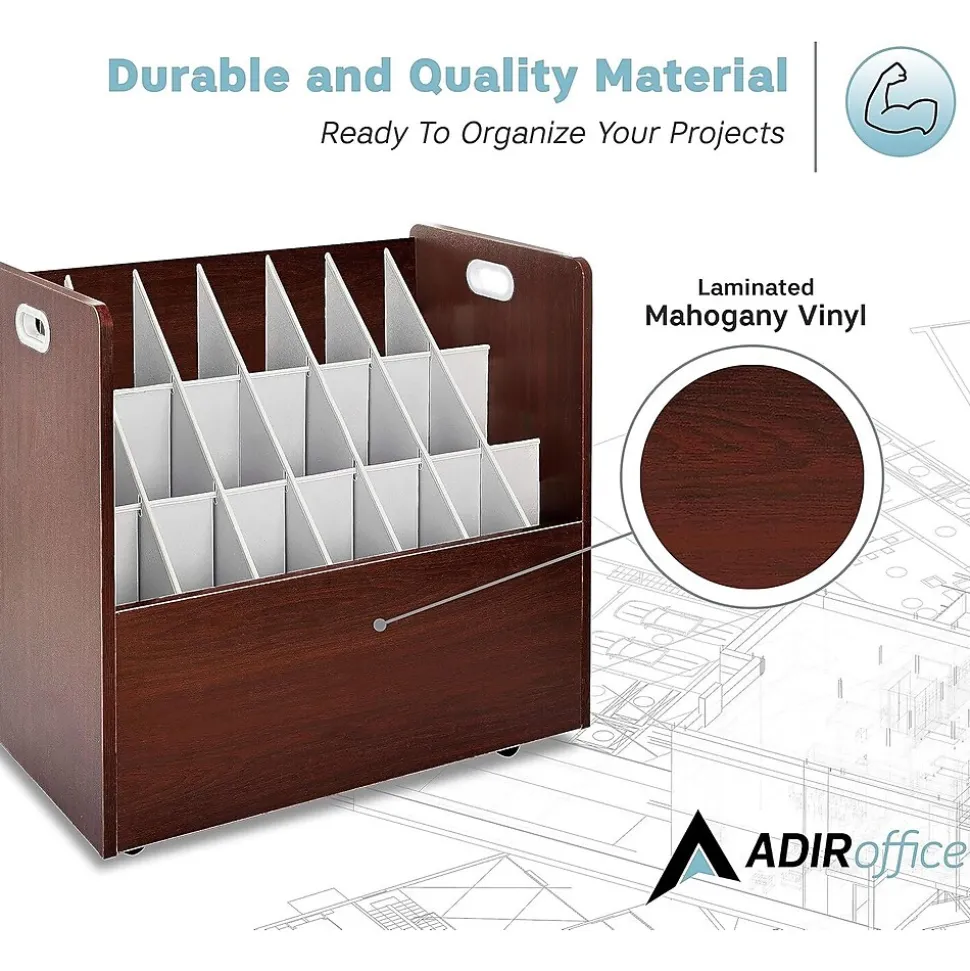 AdirOffice 21-Slot Mobile Roll File, 28.5"H x 30"W x 15.75"D, Mahogany, 2/Pack (625-MA-2PK)