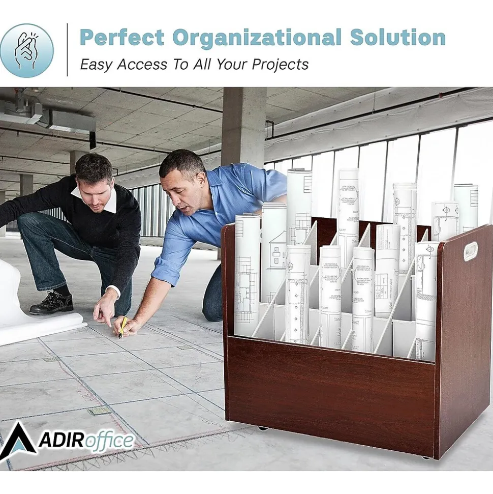 AdirOffice 21-Slot Mobile Roll File, 28.5"H x 30"W x 15.75"D, Mahogany, 2/Pack (625-MA-2PK)