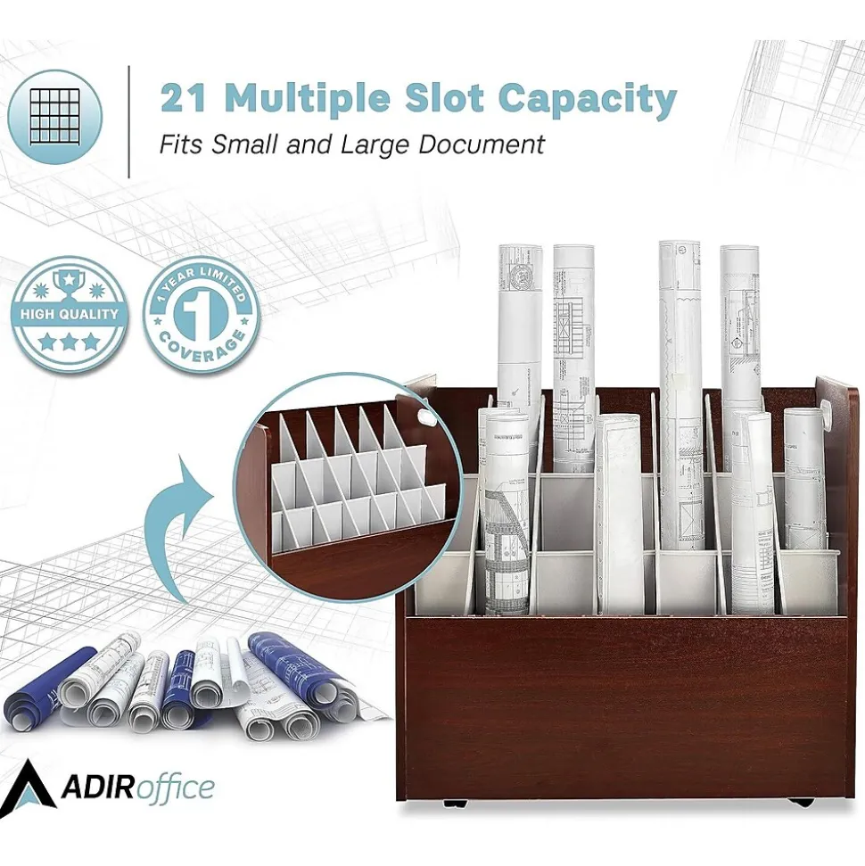AdirOffice 21-Slot Roll File, Lockable, 28.5"H x 30"W x 15.75"D, Mahogany (625-MA-KIT1)