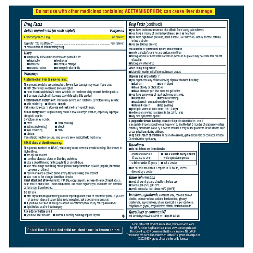 Advil Dual Action 250mg Acetaminophen/125mg Ibuprofen Caplets, 2/Packet, 50 Packets/Box (014795)