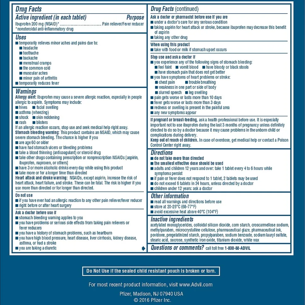 Advil Ibuprofen Pain Reliever, 200mg, 2/Packet, 50 Packets/Box (15489)