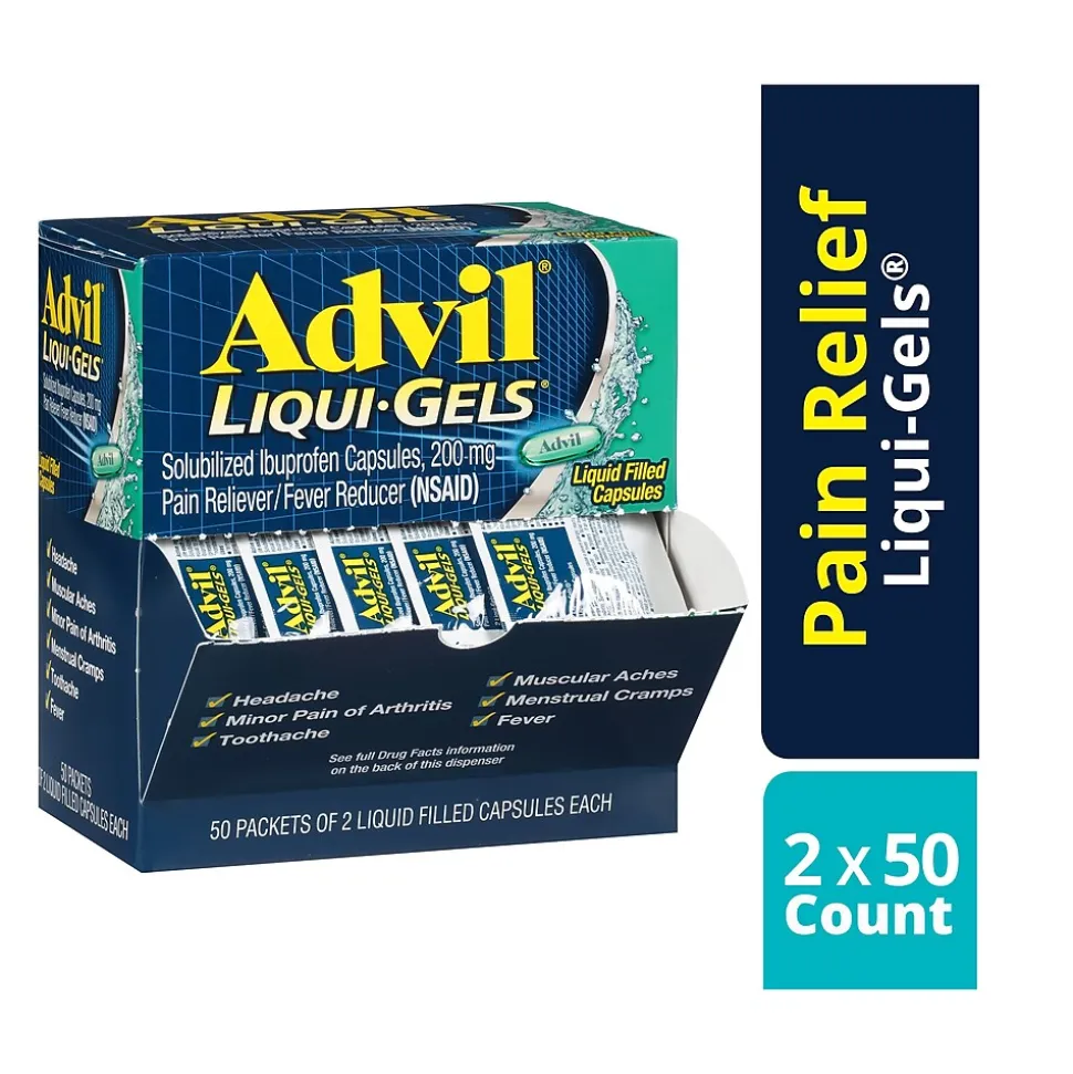 Advil Liqui-Gels Pain Reliever/Fever Reducer, Solubilized Ibuprofen 200mg, 2/Packet, 50 Packets/Box (016902)