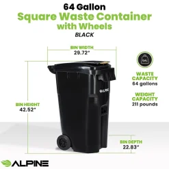 Alpine Industries 500 Series Plastic Outdoor Trash Can, 64 Gallon, Black (ALP500-64-BLK)