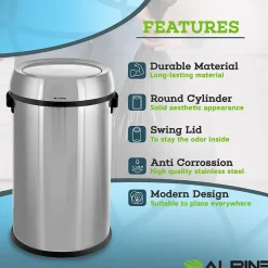 Alpine Industries Commercial Trash Can with Swing Lid, Stainless Steel, 17 Gallon (470-65L-1)