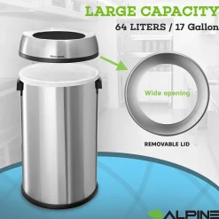Alpine Industries Commercial Indoor Single-Stream Recycling Station, 17-Gallon, Stainless Steel (ALP470-65L-R)