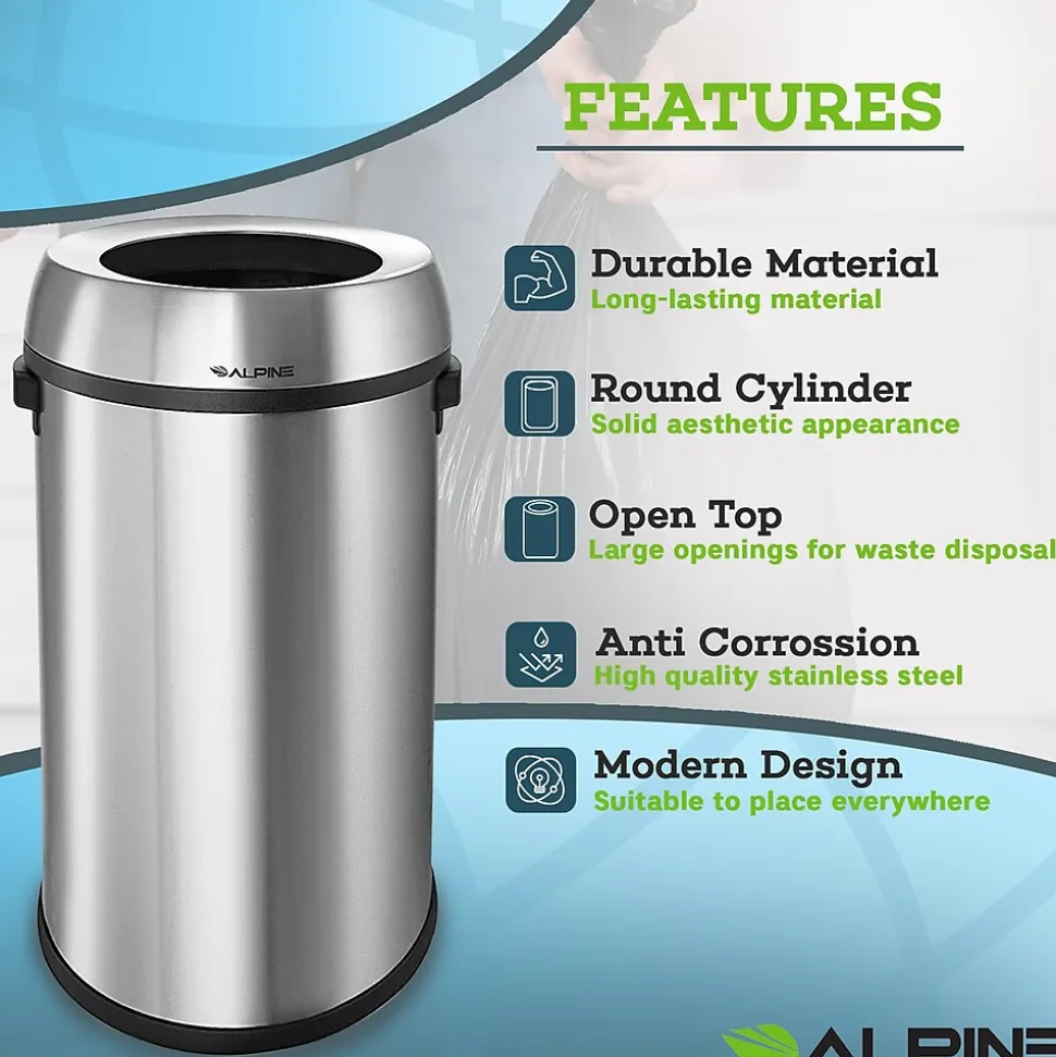 Alpine Industries Commercial Indoor Recycling Trash Can, 17 Gallon, Stainless Steel (ALP470-65L-R-T-CO)